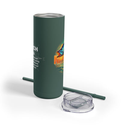 Birth month travel tumbler mug in dark green with colorful design and clear lid