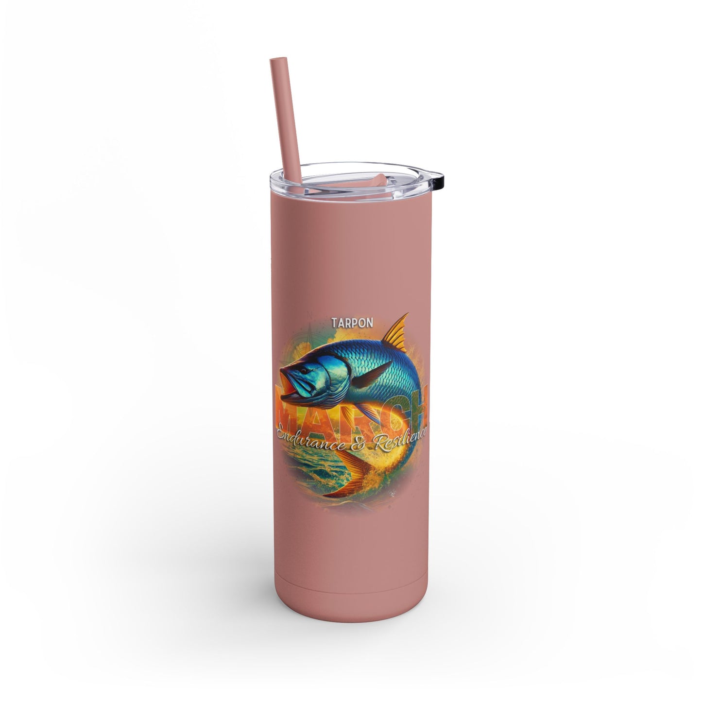 Birth month travel tumbler in pink with tarpon fish design and matching straw
