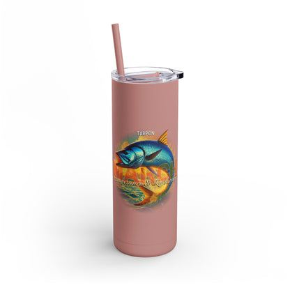 Birth month travel tumbler in pink with tarpon fish design and matching straw