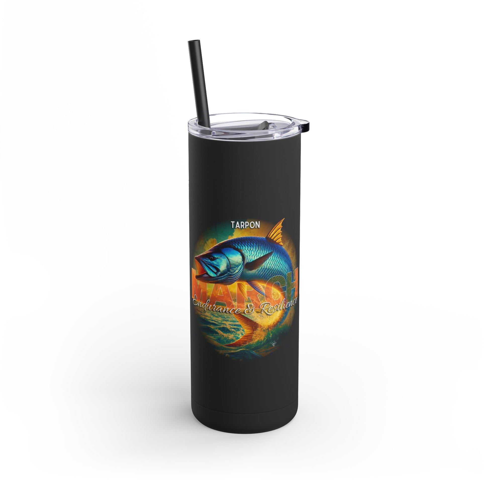 Birth month travel tumbler with colorful tarpon fish design on black insulated mug