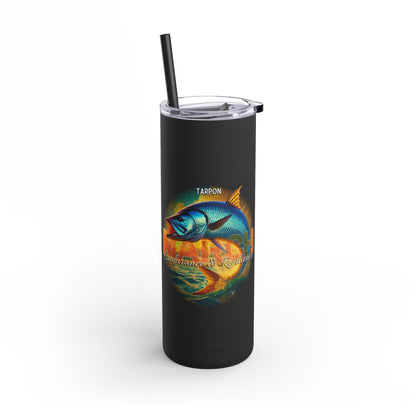 Birth month travel tumbler with colorful tarpon fish design on black insulated mug