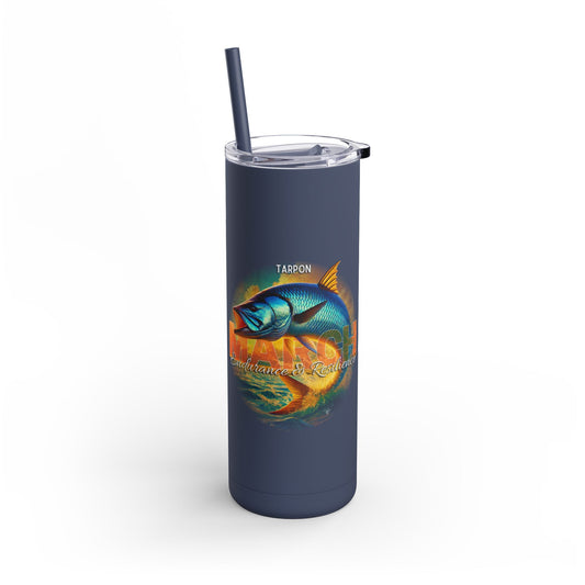 Birth month travel tumbler with tarpon fish design in blue and orange colors
