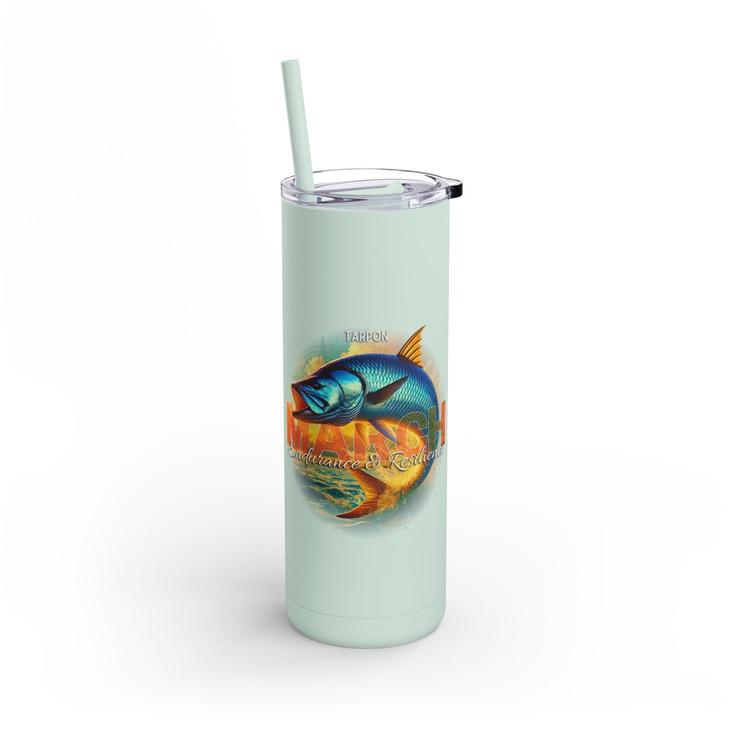 Birth month travel tumbler with tarpon fish design and green straw for outdoor use