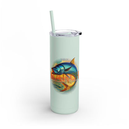 Birth month travel tumbler with tarpon fish design and green straw for outdoor use