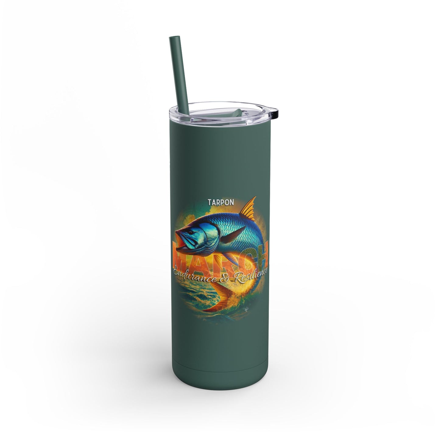 Birth month travel tumbler with tarpon fish design and green body with straw