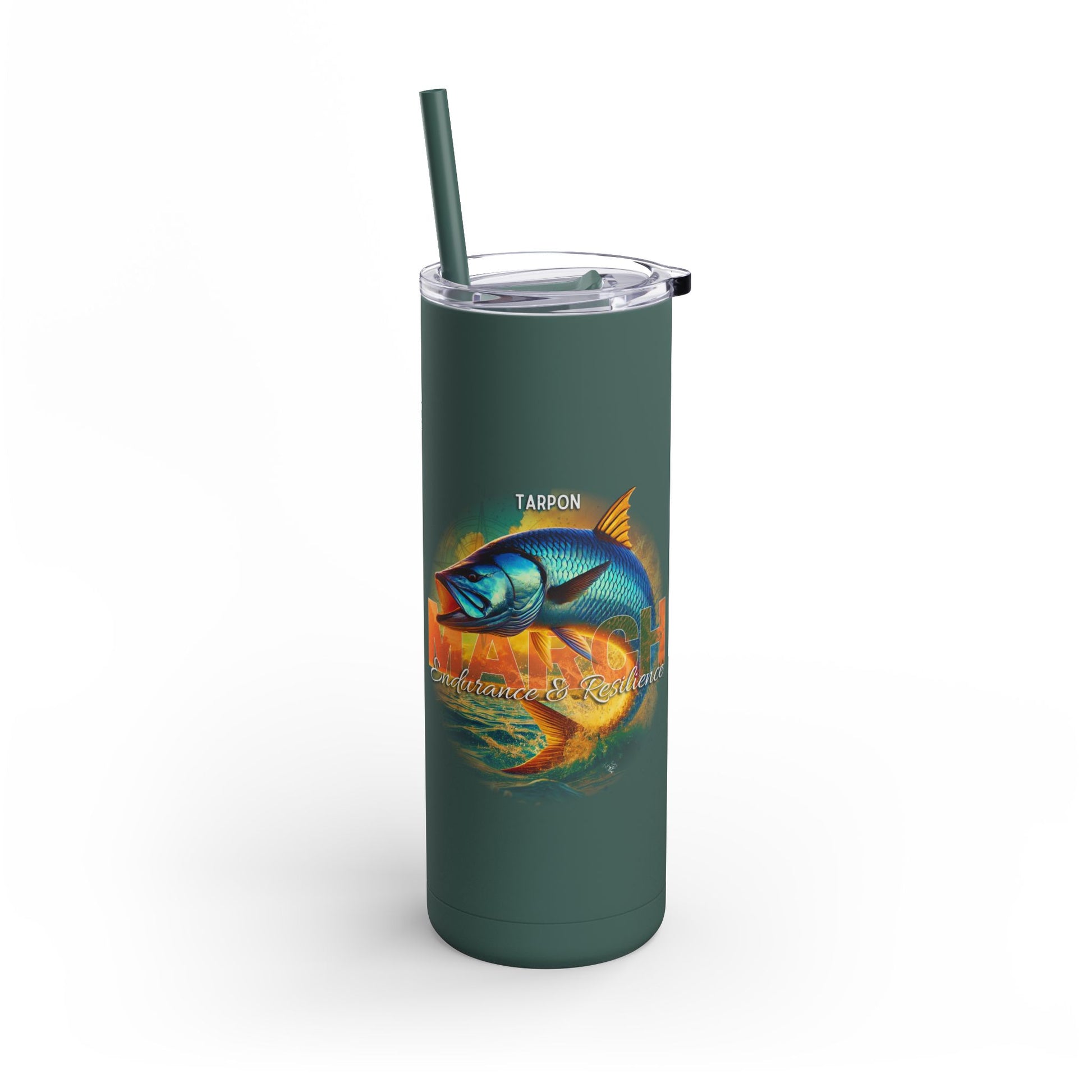 Birth month travel tumbler with tarpon fish design and green body with straw