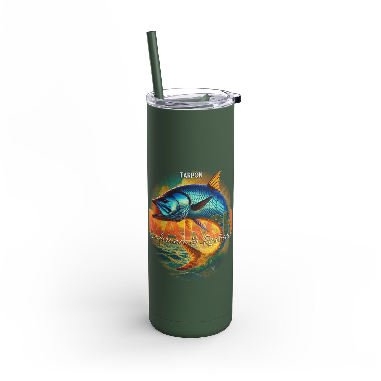 Green birth month travel tumbler featuring a colorful tarpon fish design with straw and clear lid