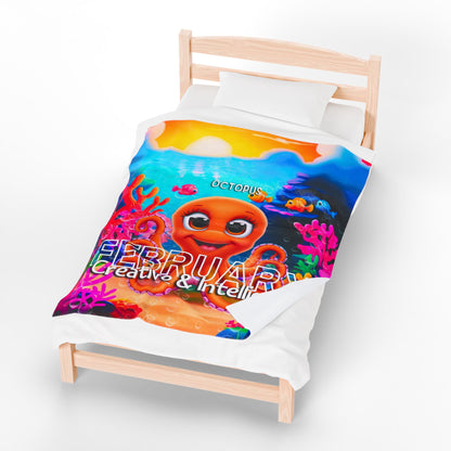 Colorful kids birth month blanket featuring an octopus and February text on a twin bed