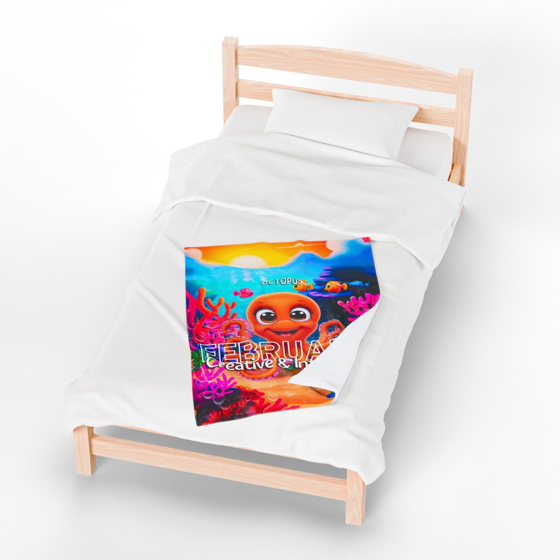 Colorful kids birth month blanket featuring a February octopus design on a wooden bed