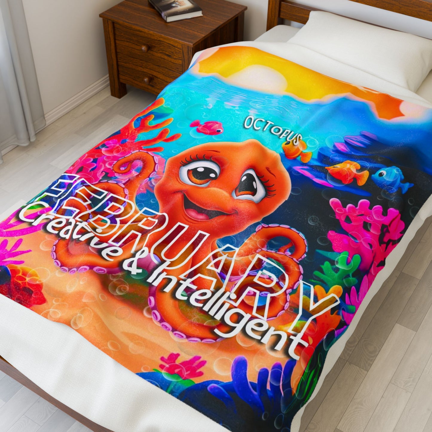 Kids birth month blanket featuring February design with a cute octopus and colorful underwater scene