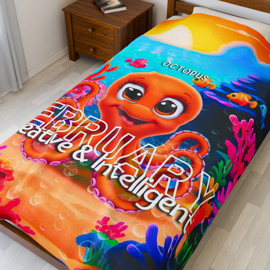 Colorful kids birth month blanket with a cute orange octopus design and February text on a bed