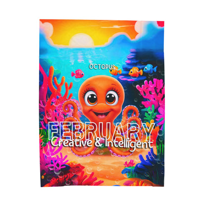 Kids birth month blanket featuring a colorful February octopus design with creative and intelligent text