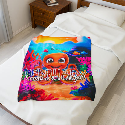 Colorful kids birth month blanket featuring a cute octopus and February text with creative and intelligent theme