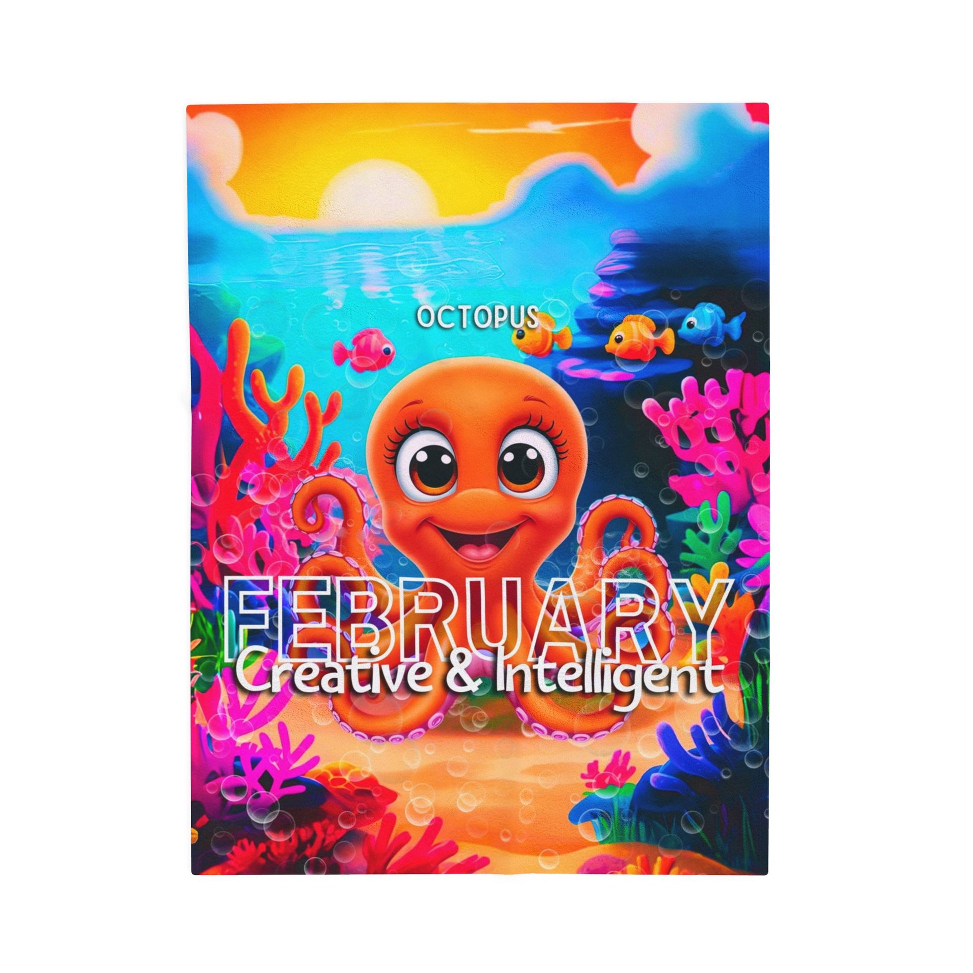 Colorful kids birth month blanket featuring February octopus design with creative and intelligent text