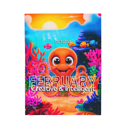 Colorful kids birth month blanket featuring February octopus design with creative and intelligent text