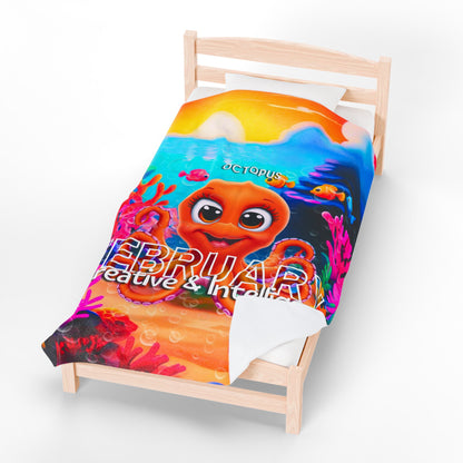 Kids birth month blanket featuring colorful February design with cute octopus and underwater theme