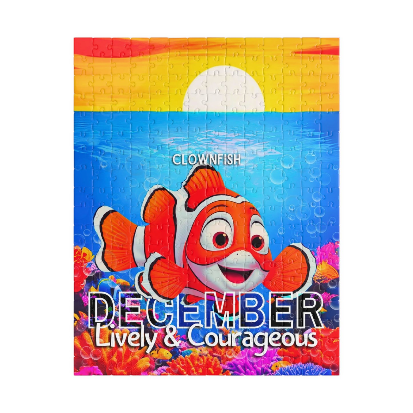 Kids birth month puzzle featuring a December clownfish with lively and courageous design