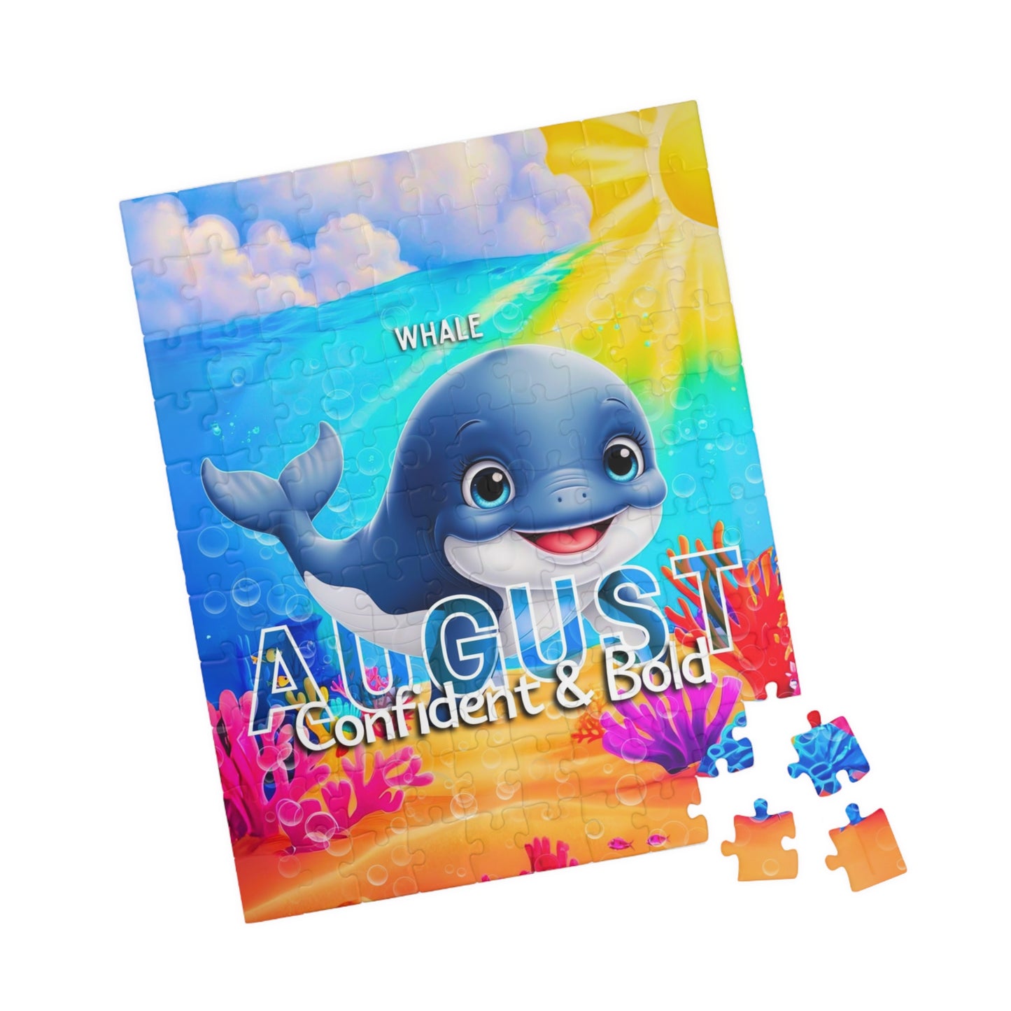 Kids birth month puzzle featuring a blue whale and colorful underwater scene for August