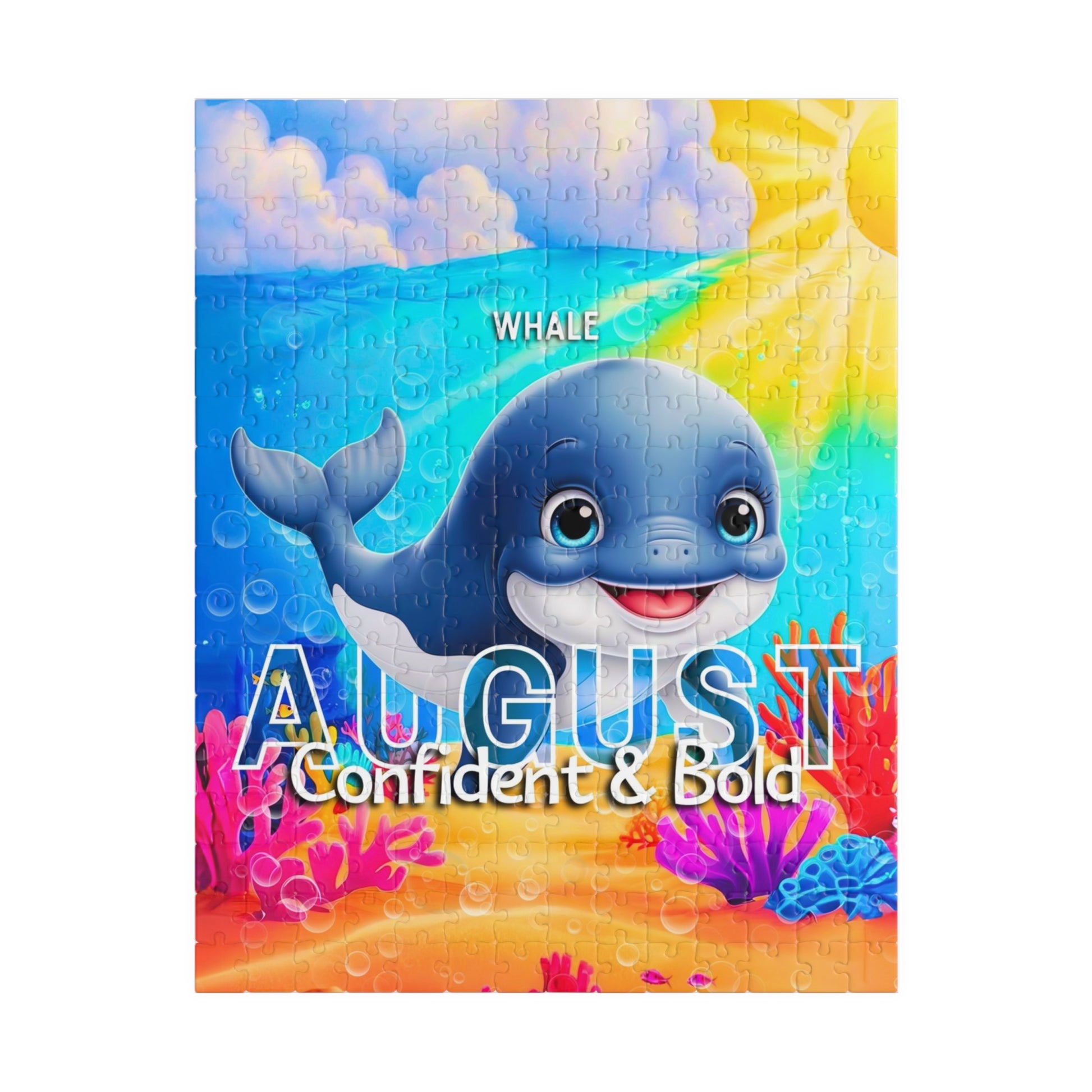 August whale kids birth month puzzle with colorful underwater scene and positive traits confident and bold