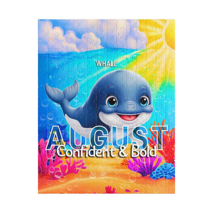August whale kids birth month puzzle with colorful underwater scene and positive traits confident and bold