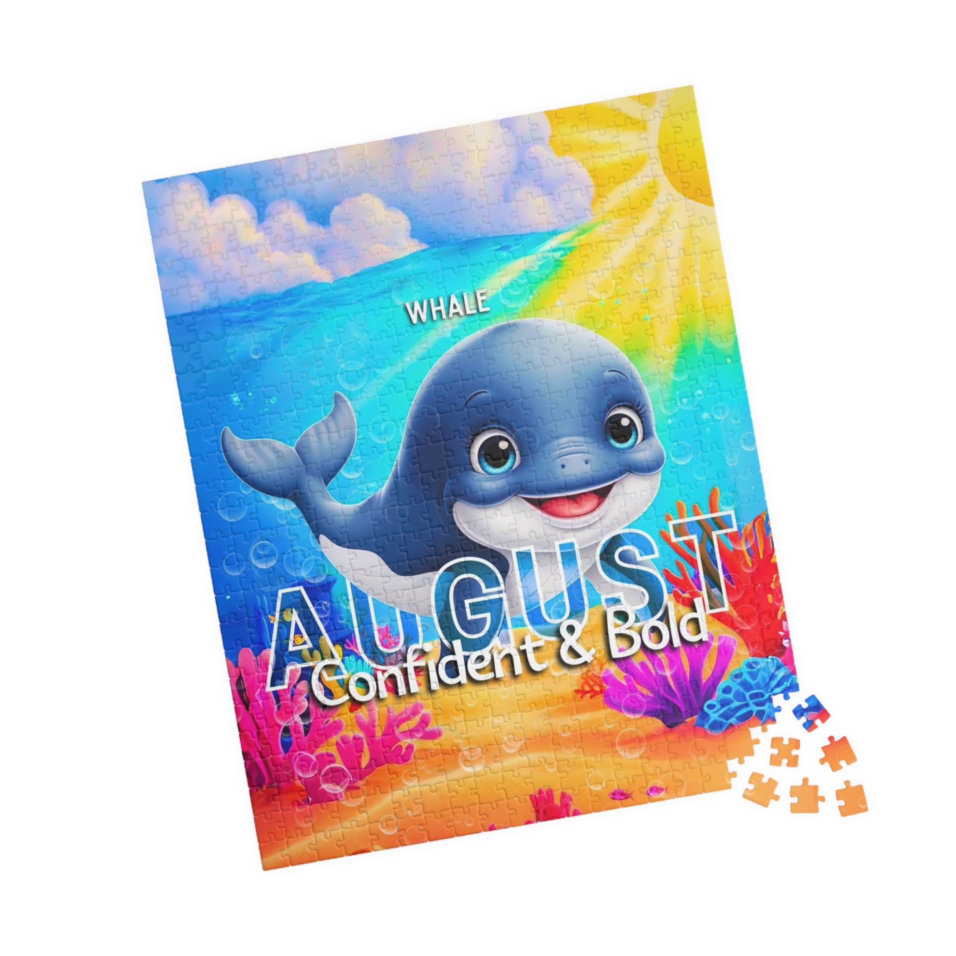 Kids birth month puzzle featuring a colorful August design with a smiling whale underwater