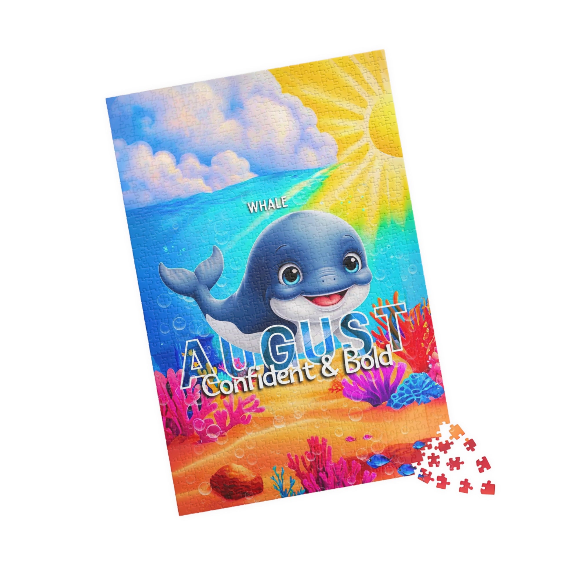 Kids birth month puzzle for August with a cute whale and colorful underwater design