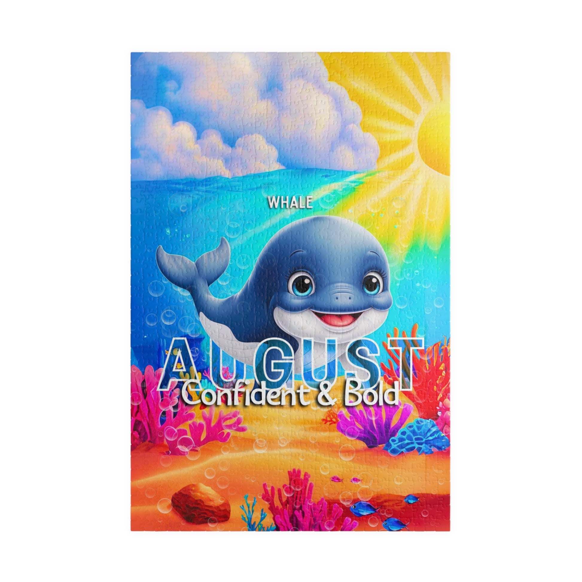 Kids birth month puzzle August featuring a smiling whale with colorful underwater scene 