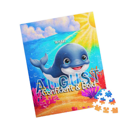 Kids birth month puzzle featuring a whale and August with colorful underwater design