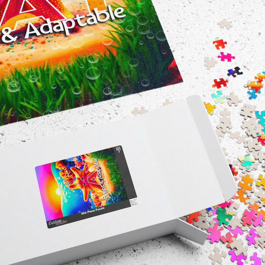 Kids birth month puzzle with colorful pieces and open white box on a white surface