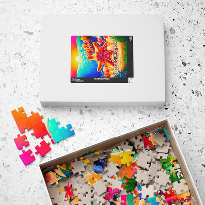 Kids birth month puzzle with colorful pieces and white box on speckled surface