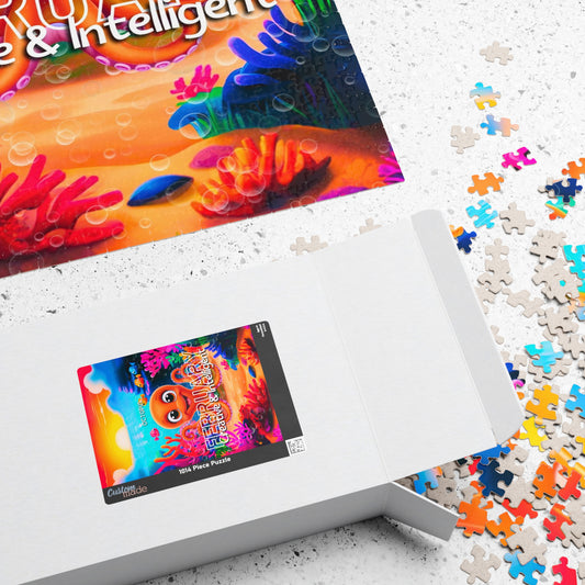 Kids birth month puzzle with colorful underwater scene and scattered puzzle pieces on white background