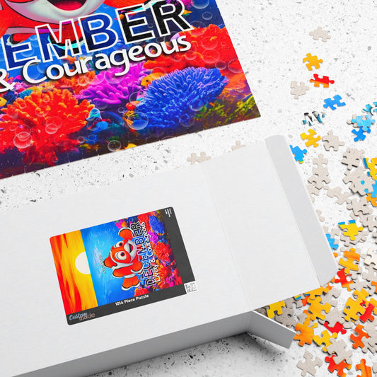 Kids birth month puzzle featuring colorful coral reef and clownfish pieces with open white box