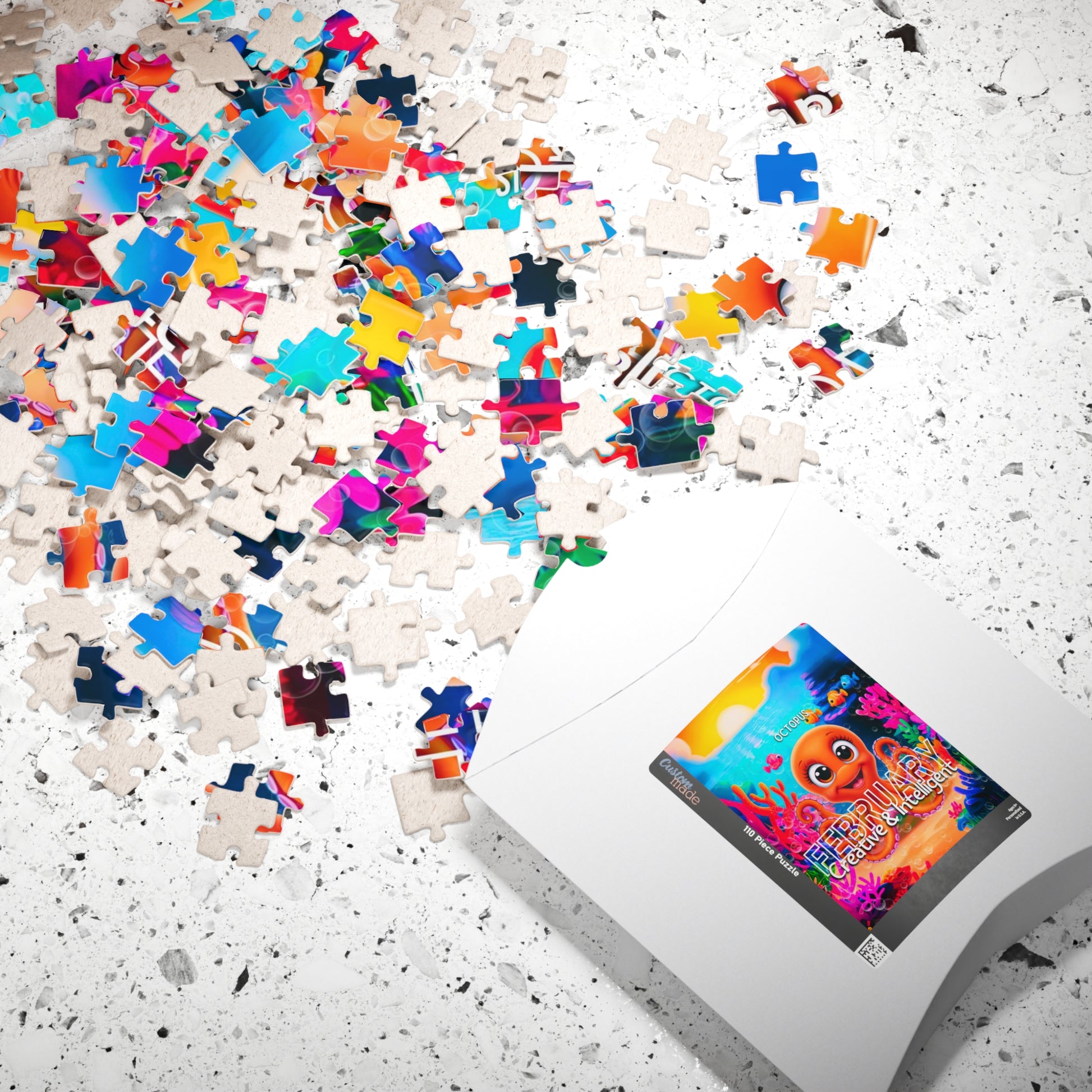 Kids birth month puzzle with colorful scattered pieces and ocean-themed design on white surface
