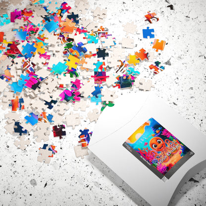 Kids birth month puzzle with colorful scattered pieces and ocean-themed design on white surface