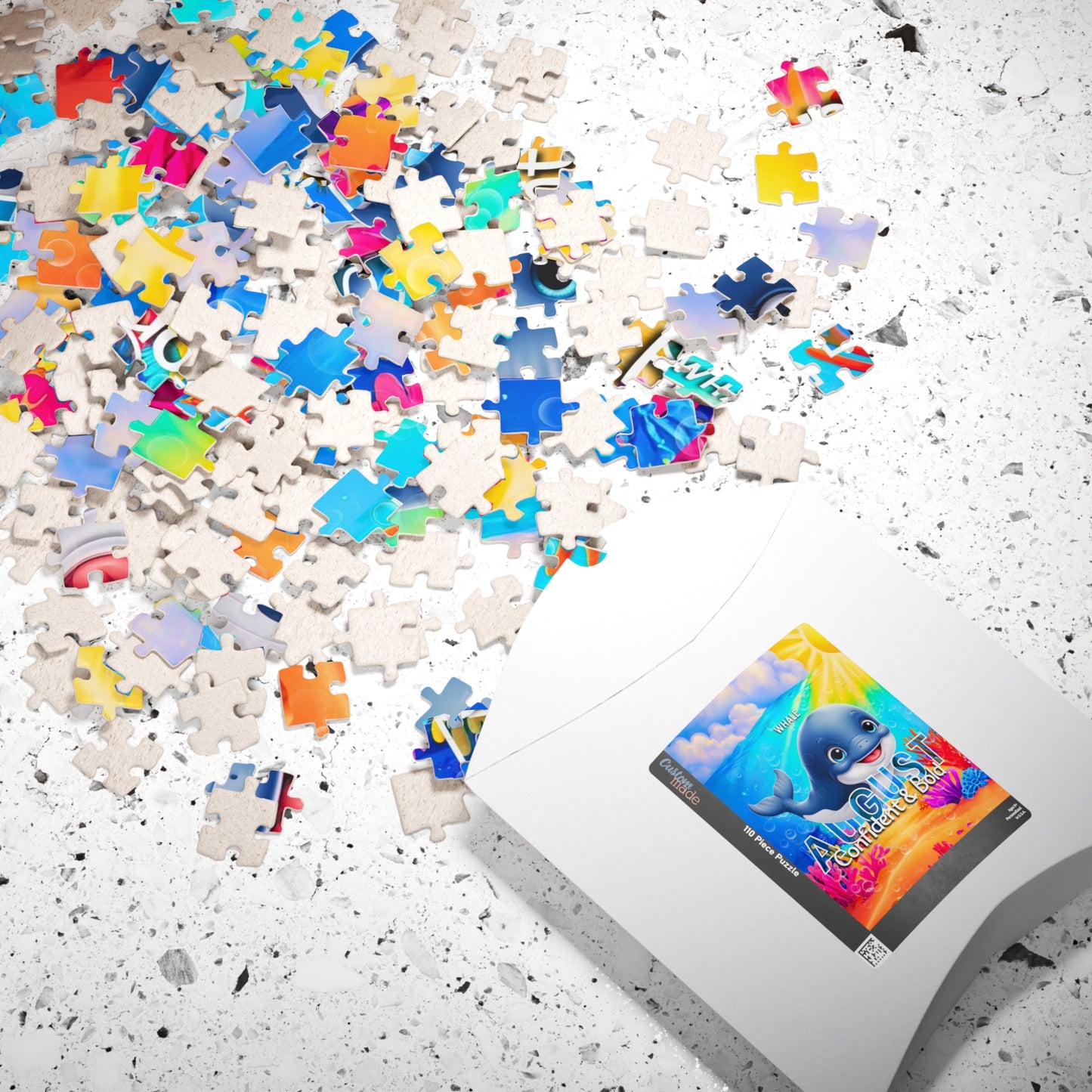 Kids birth month puzzle with colorful scattered pieces and playful ocean animal design