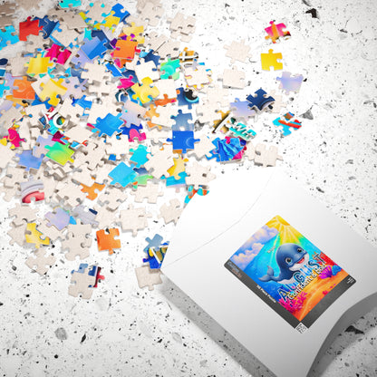 Kids birth month puzzle with colorful scattered pieces and playful ocean animal design