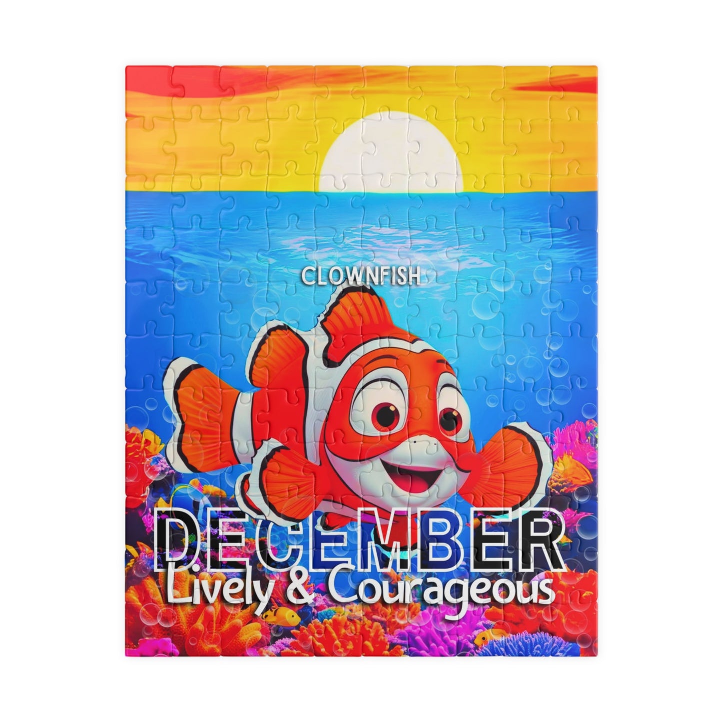 Kids birth month puzzle featuring a lively clownfish for December with colorful ocean background