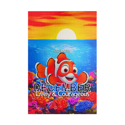 Kids birth month puzzle featuring December clownfish with colorful underwater scene