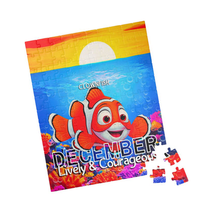 Kids birth month puzzle featuring a colorful clownfish and December theme with lively and courageous text