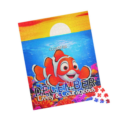 Kids birth month puzzle featuring December with a colorful clownfish and ocean background