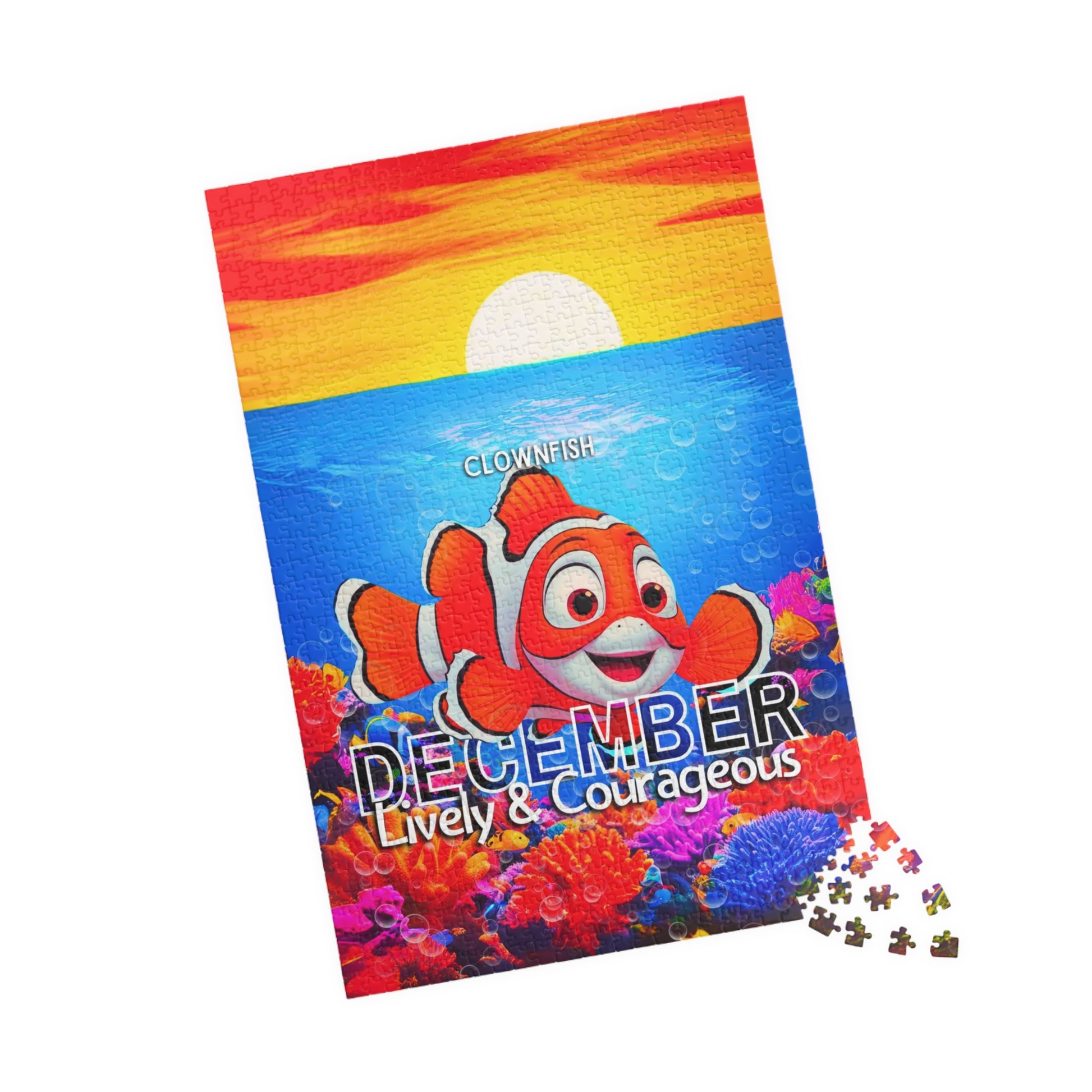 December kids birth month puzzle featuring a clownfish with colorful ocean background