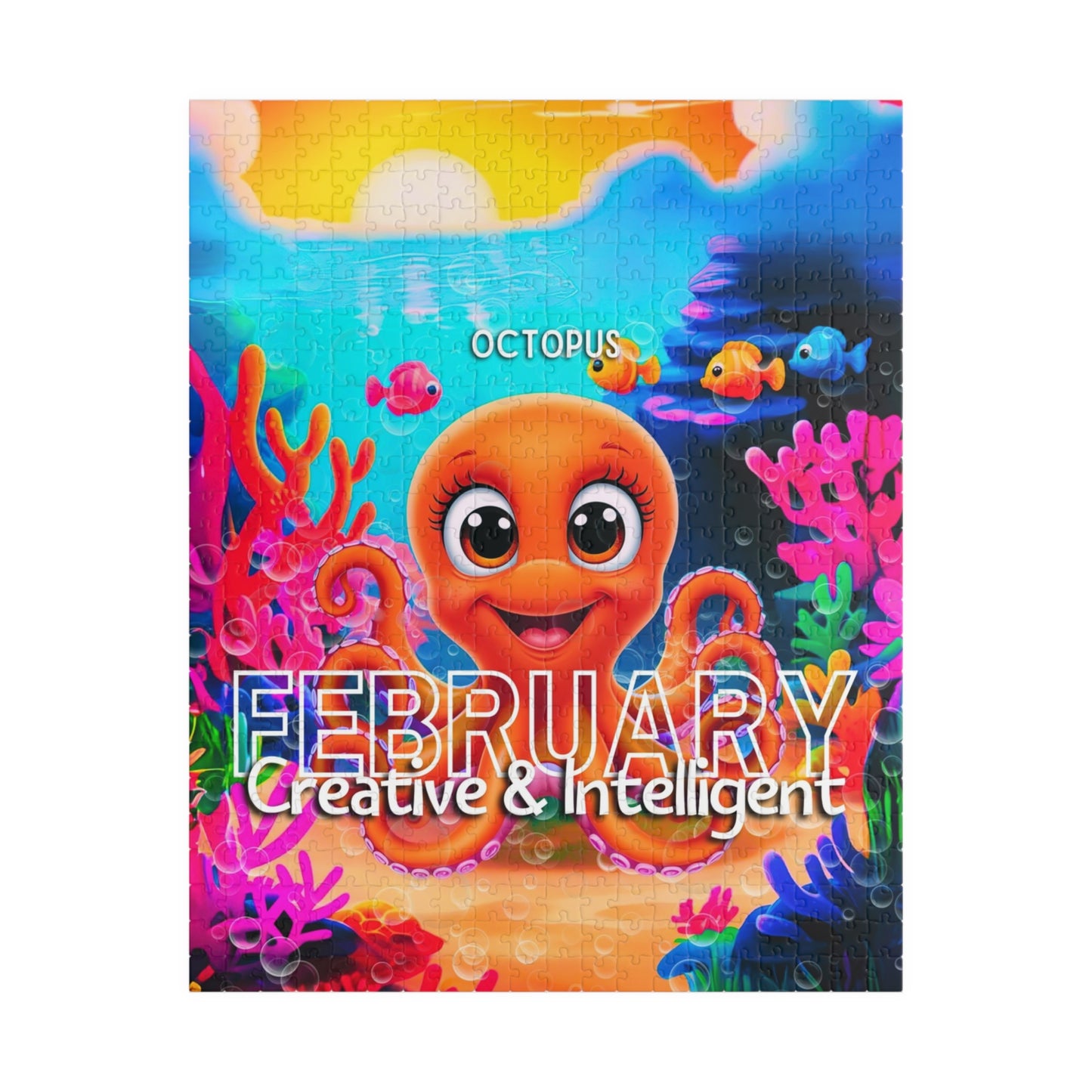 Kids birth month puzzle featuring a colorful February octopus design 