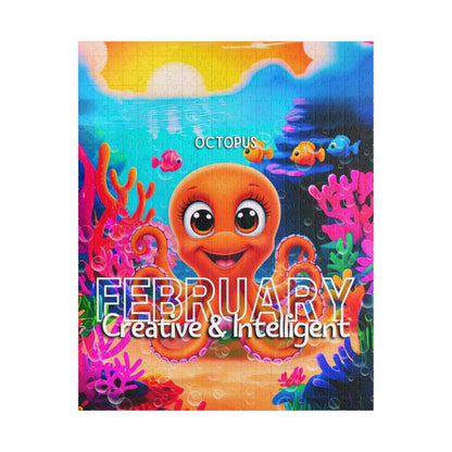 Kids birth month puzzle featuring a colorful February octopus design 