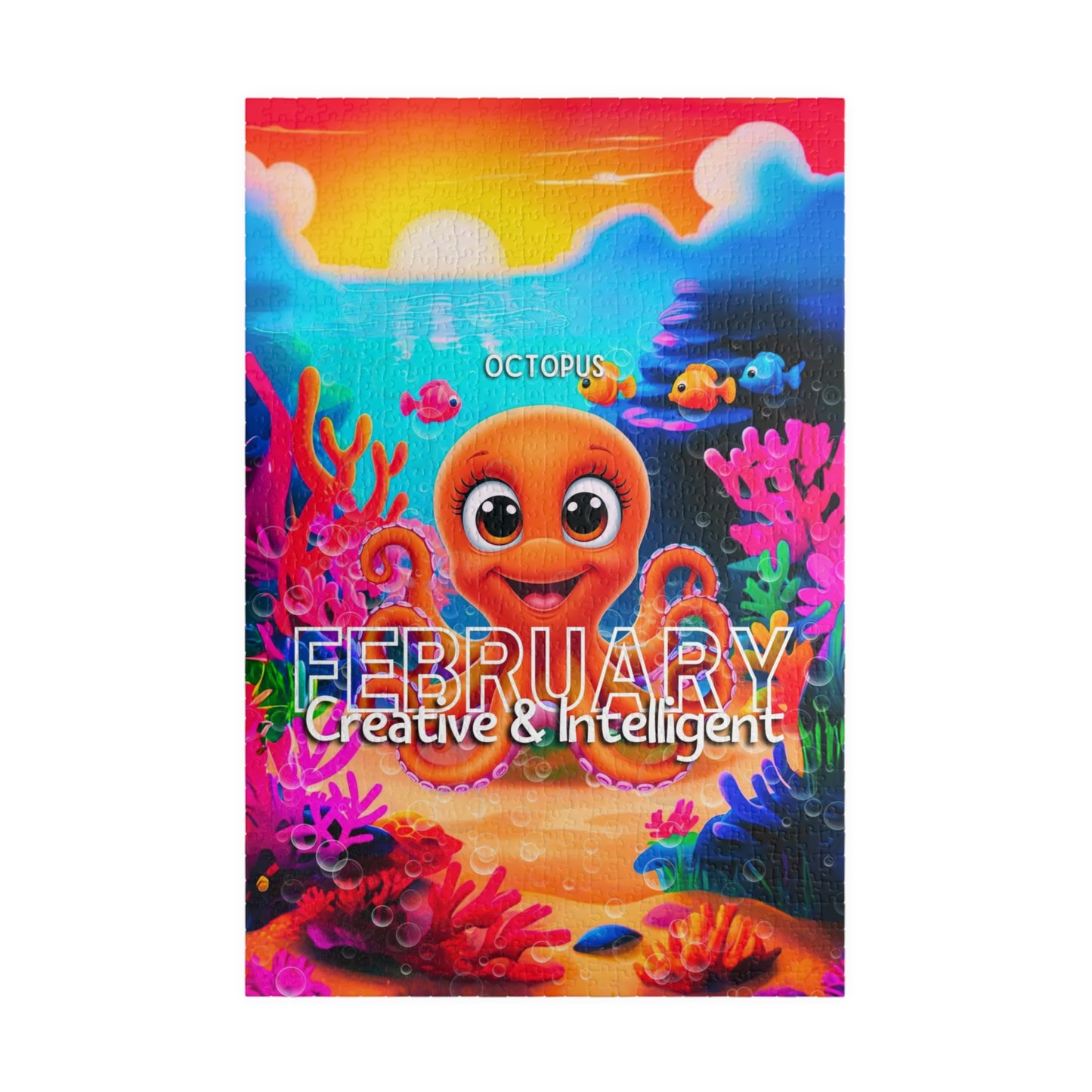 Kids birth month puzzle February with colorful octopus and underwater scene