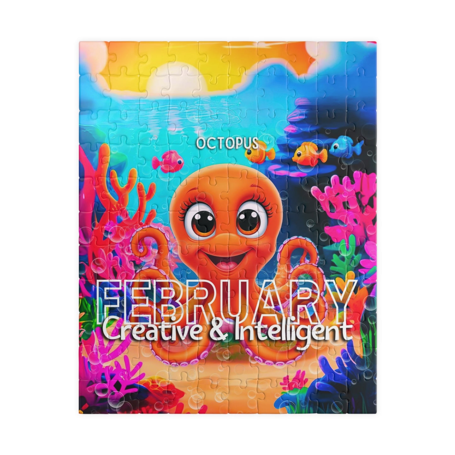 Kids birth month puzzle featuring a colorful February octopus under the sea with playful fish and coral