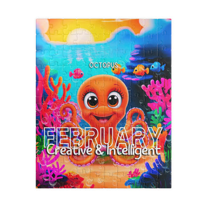 Kids birth month puzzle featuring a colorful February octopus under the sea with playful fish and coral
