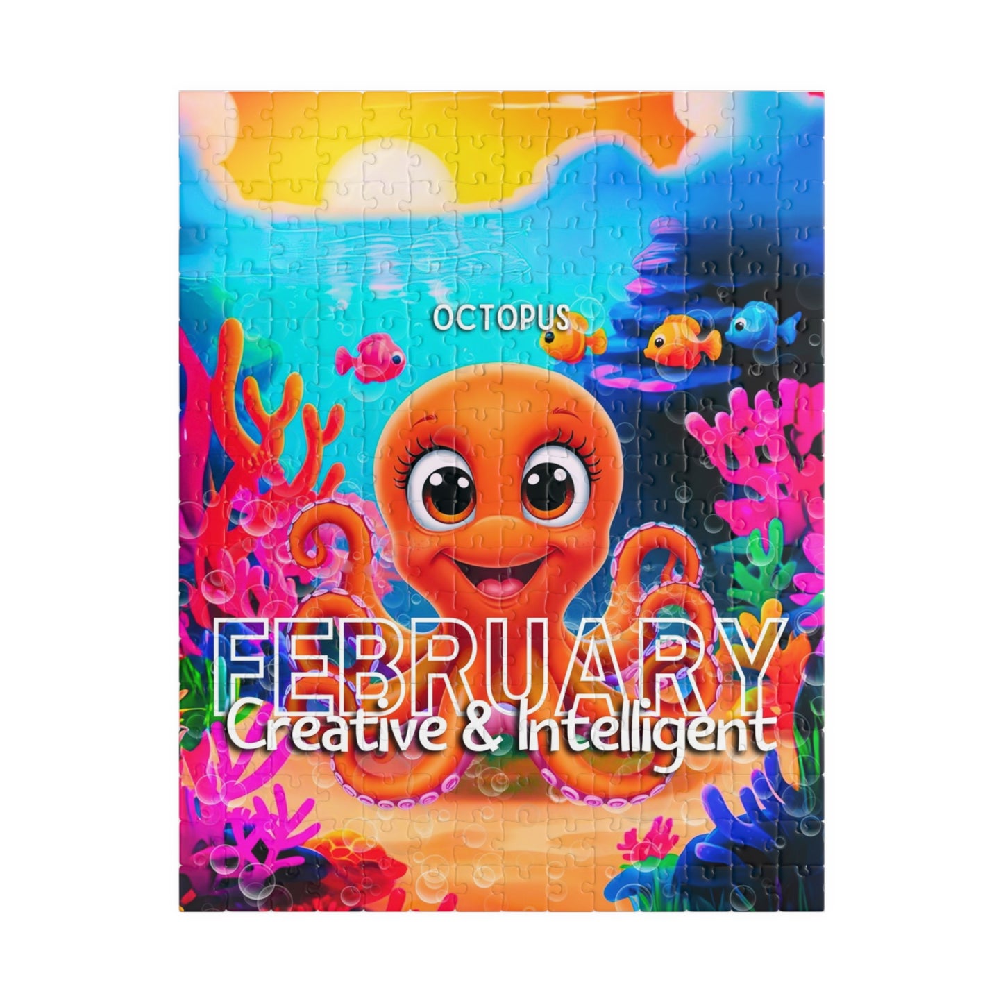 Kids birth month puzzle featuring a cute octopus for February with colorful underwater scene