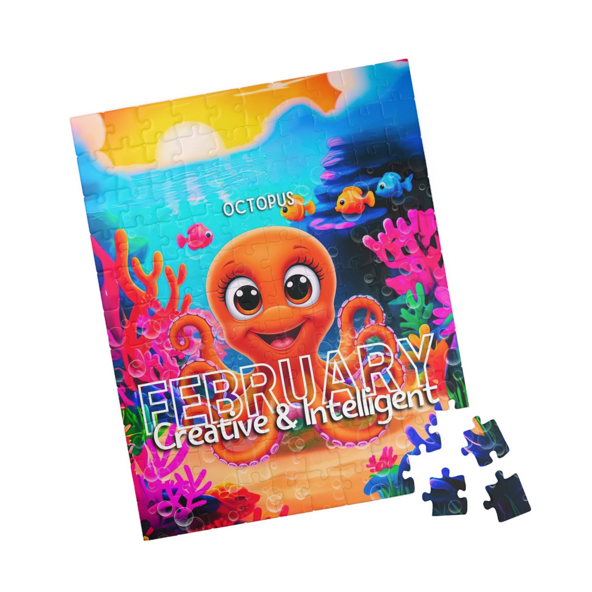 Kids birth month puzzle featuring colorful underwater scene with friendly octopus for February