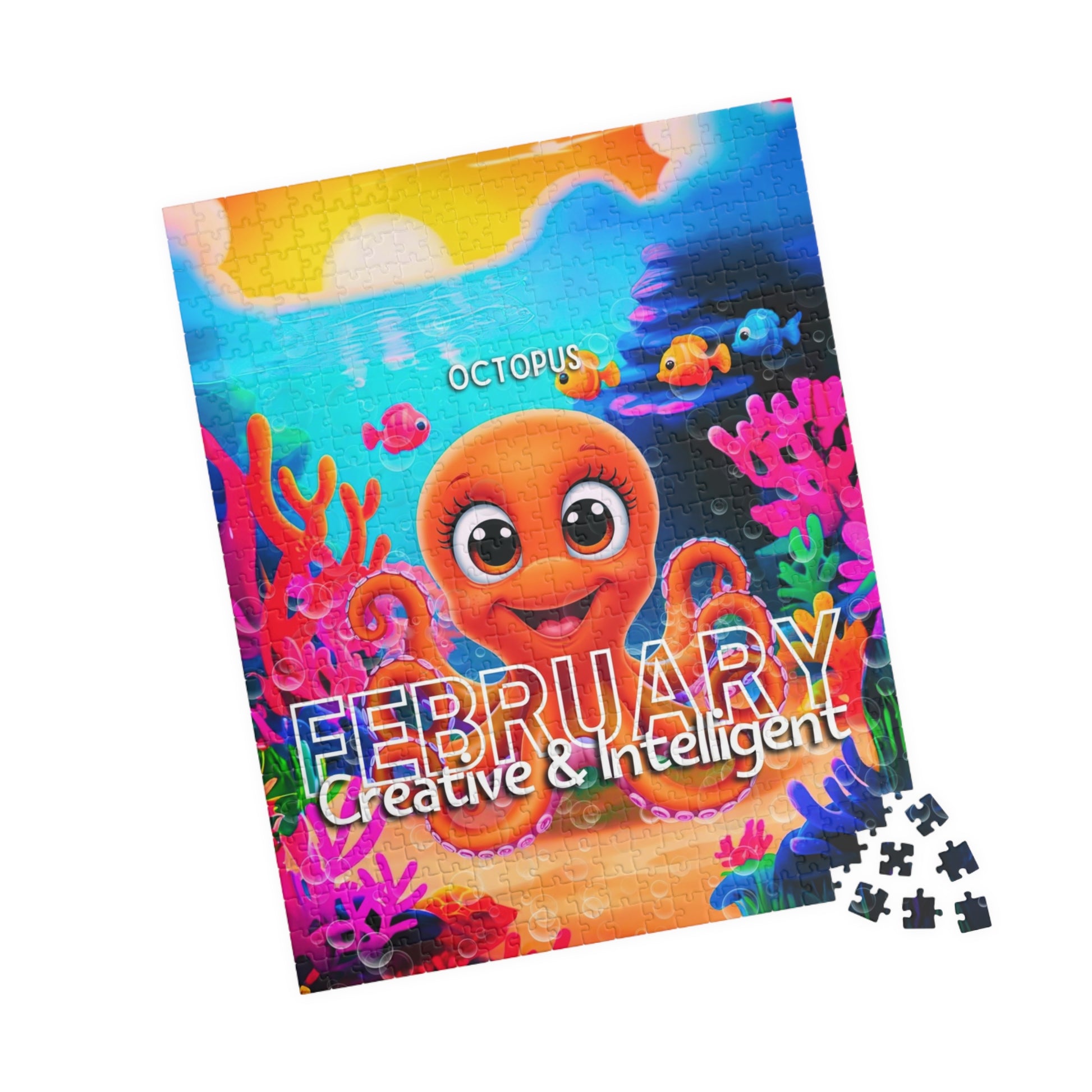 Kids birth month puzzle featuring a colorful February octopus design with underwater theme