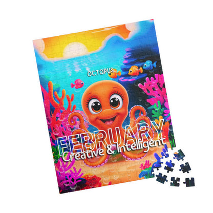 Colorful kids birth month puzzle featuring February theme with a happy octopus and underwater scene